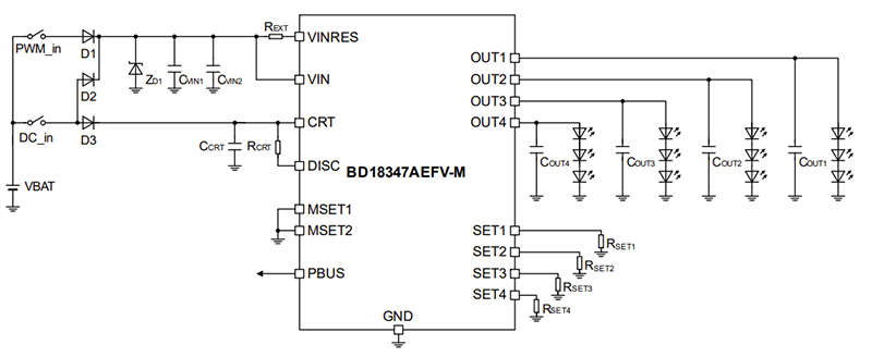 Schéma du circuit d'application - ROHM Semiconductor Pilote LED à courant continu BD18347AEFV-M